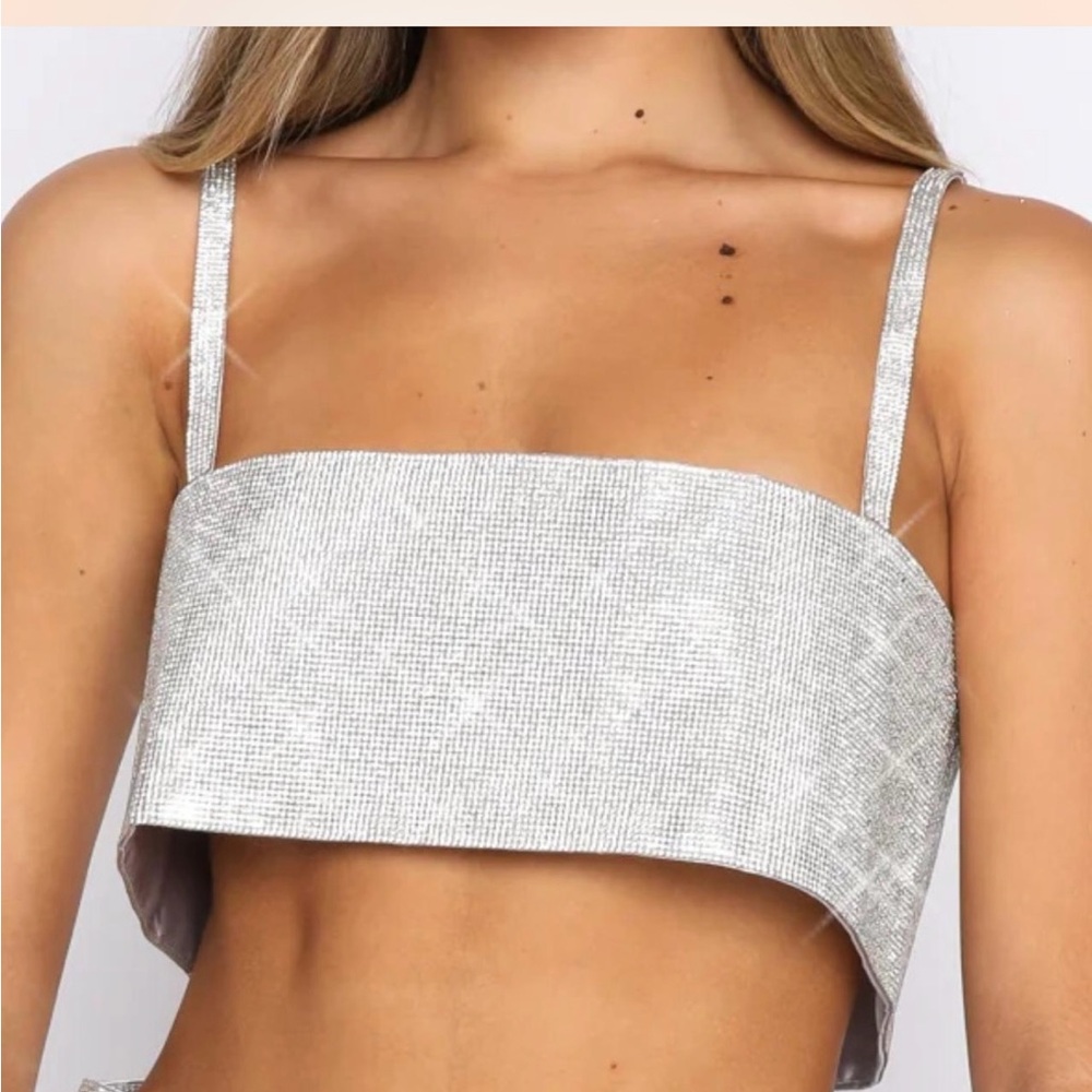 White Fox Boutique Silver Sparkle Crop Top